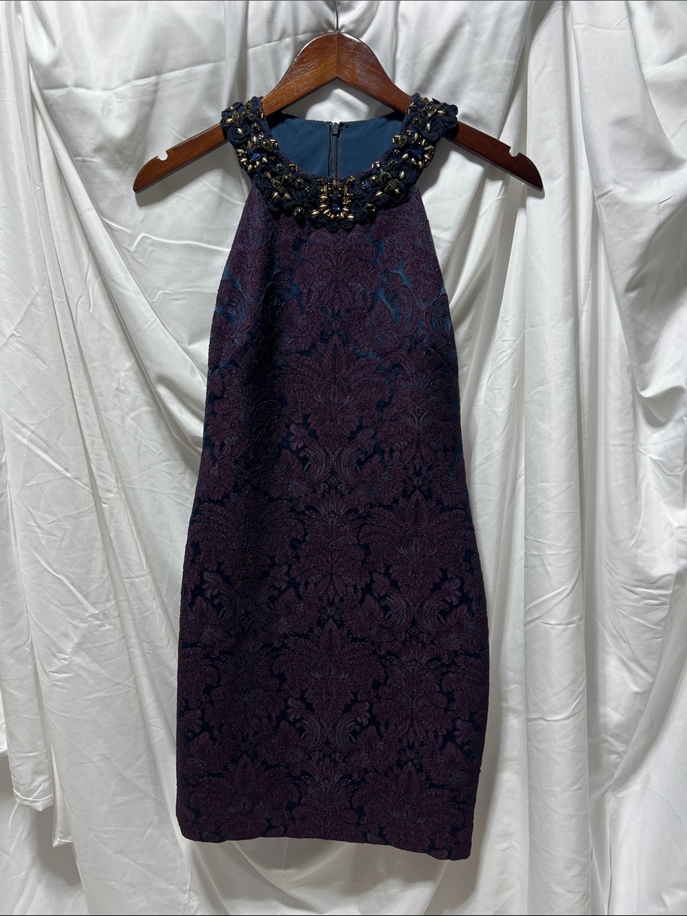 Embellished Halter Jacquard Dress in Deep Plum